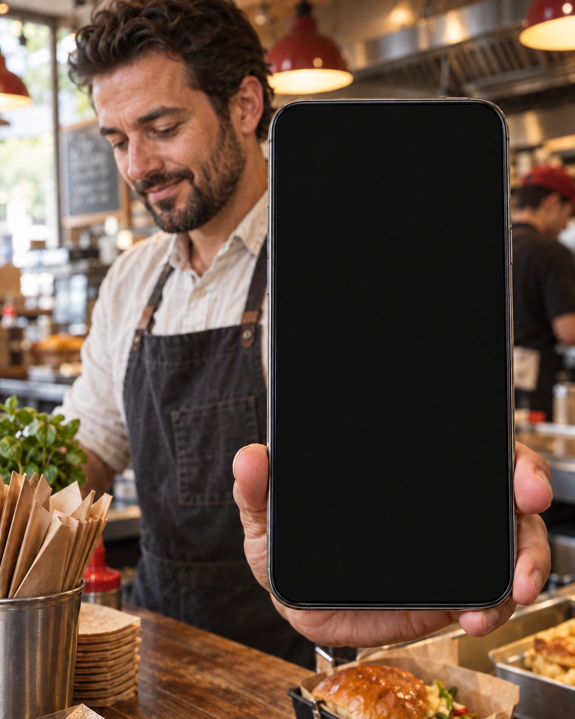 O dono da loja sorrindo enquanto lê o resumo do FiscalVision no celular